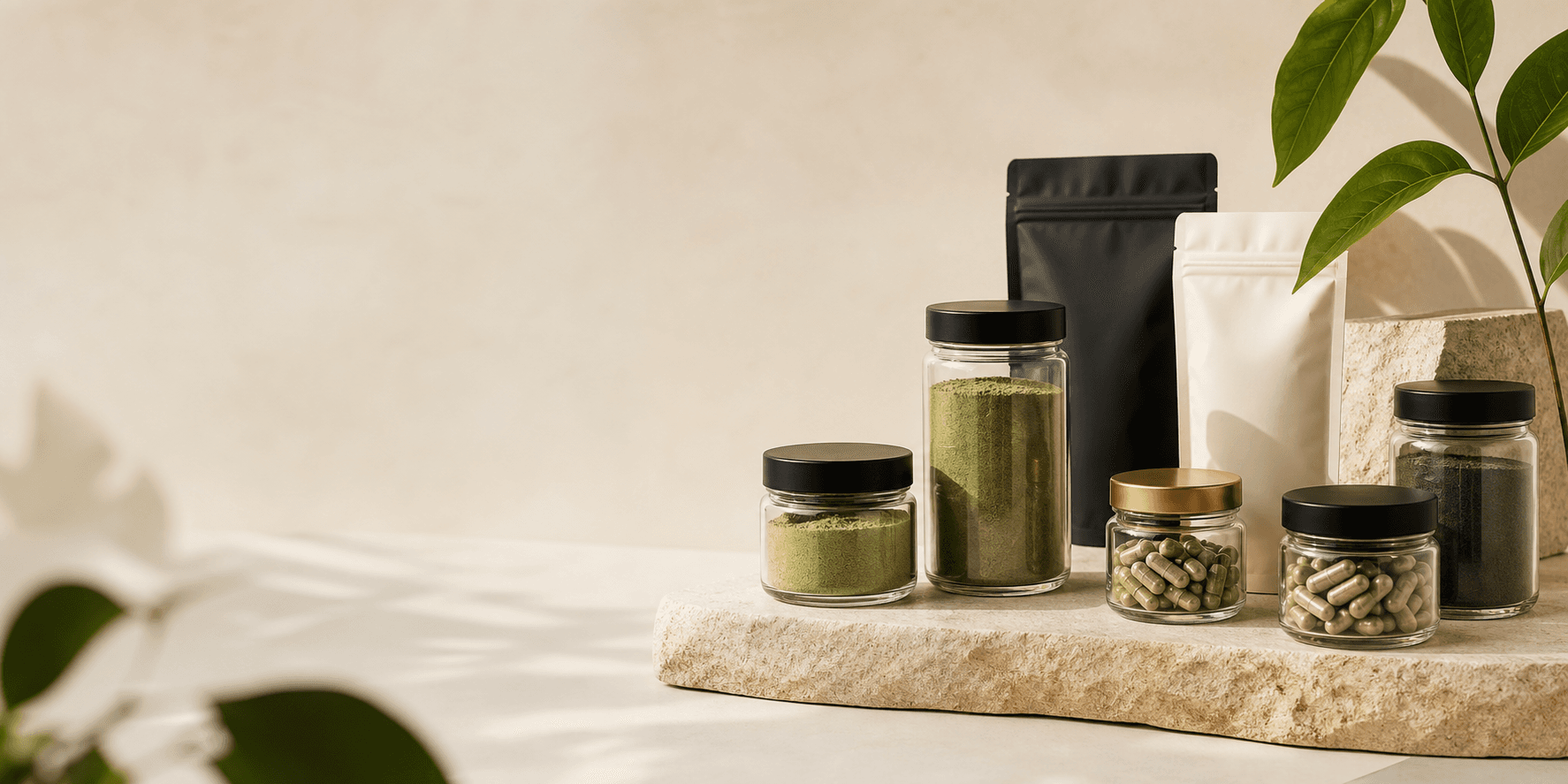 Premium botanical product packaging on a warm stone surface